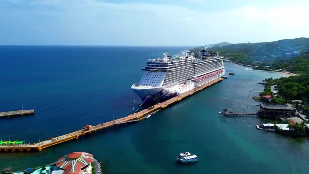 Un crucero atracado junto al muelle largo del puerto de Roatán, visto desde el aire con la costa verde al fondo