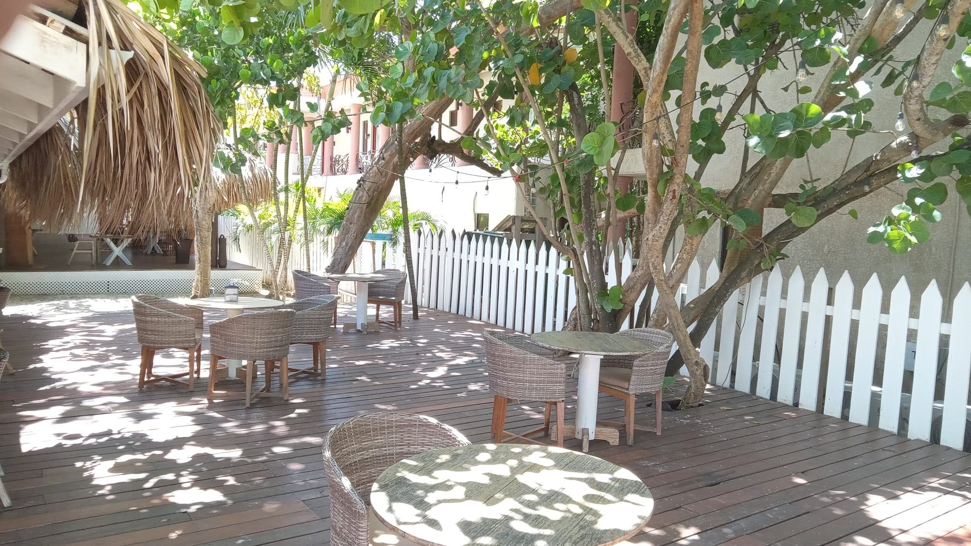 Mesas de mimbre en una terraza de madera a la sombra del club de playa, resguardadas del sol por uvas de playa