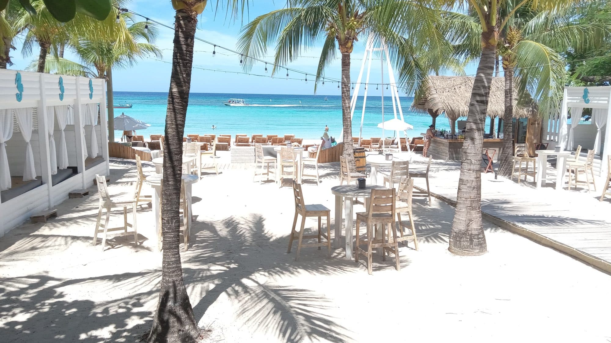 Mesas y sillas a la sombra de palmeras altas en el club de playa, con el mar turquesa a unos pasos